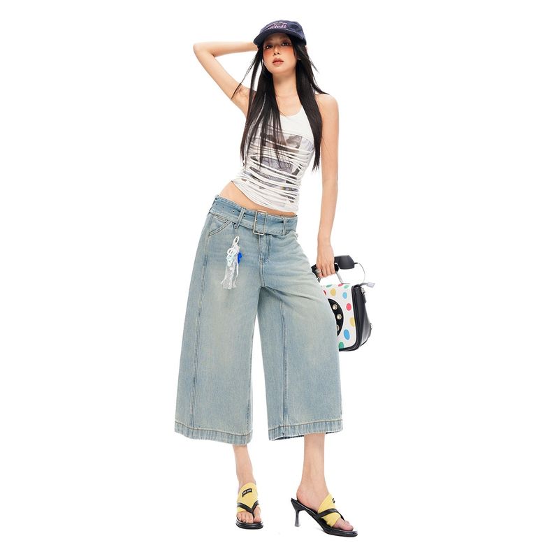 Vintage Light Wash Belted Wide Cropped Denim Pants