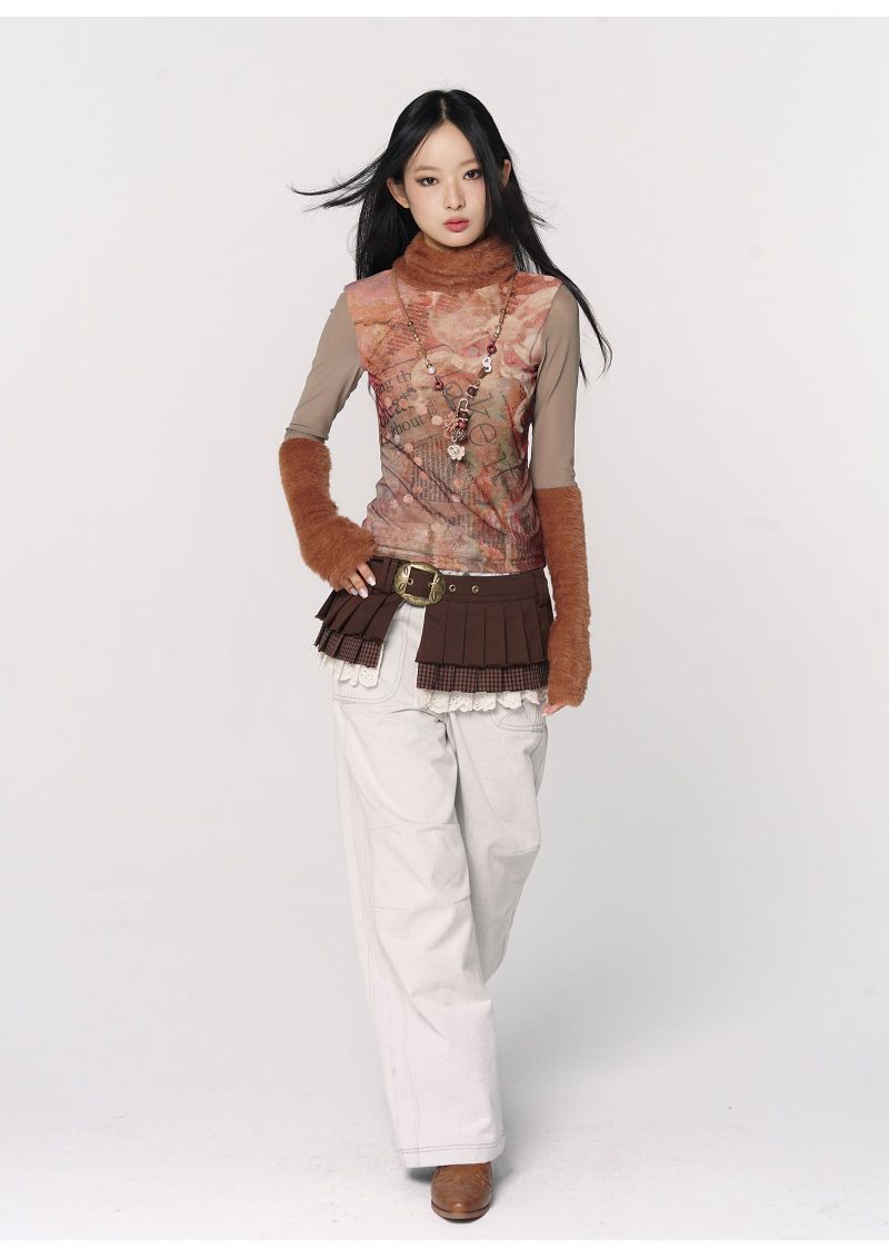 CONFUN original floral orange printed fur patchwork high-neck mesh base