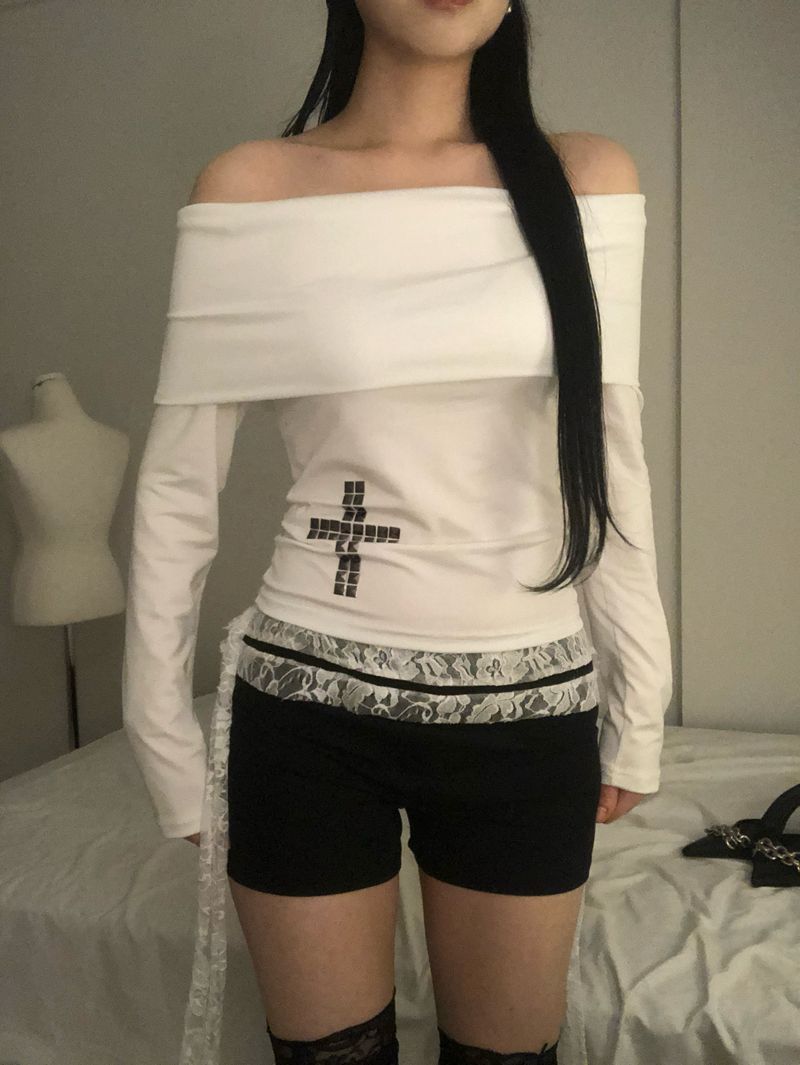 Crystal Stud Cross Off-Shoulder T