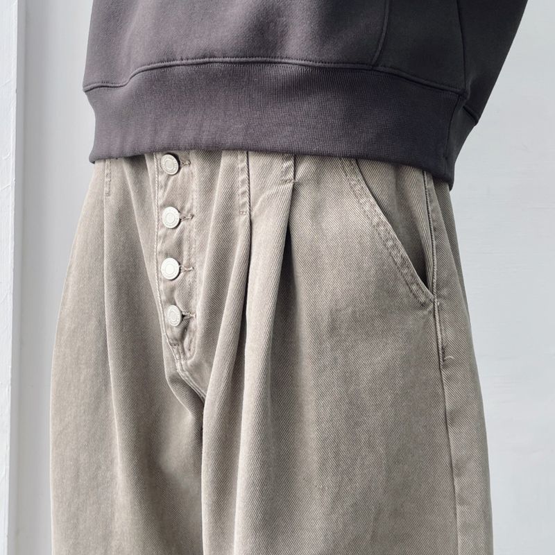 Vintage Washed Button-Fly  Wide Trousers