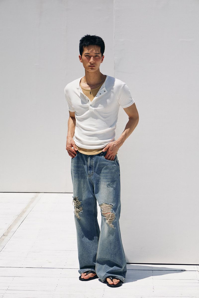 Tin washed damage flare denim pants(Blue)