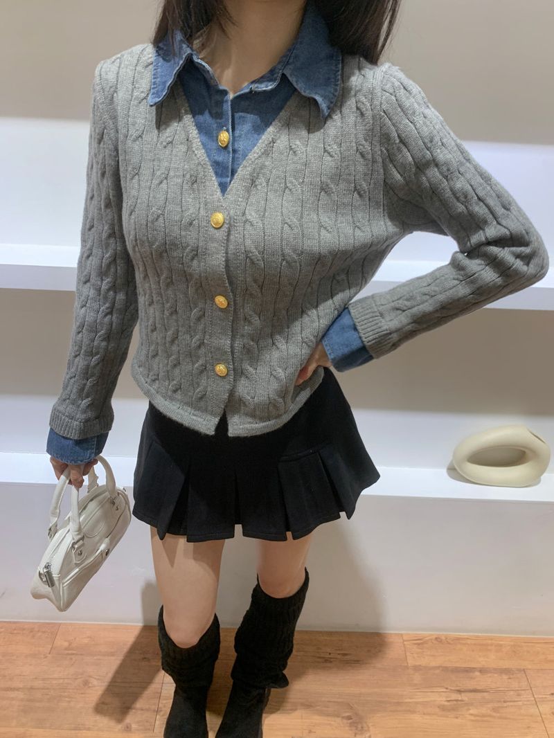 Perry Denim-Layer Cable Knit Long Sleeve Cardigan