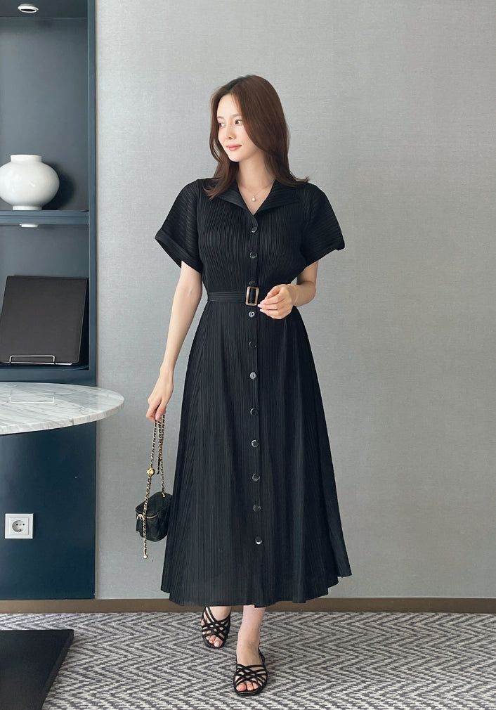 Oleun Pleated Long One Piece (Belt Set)