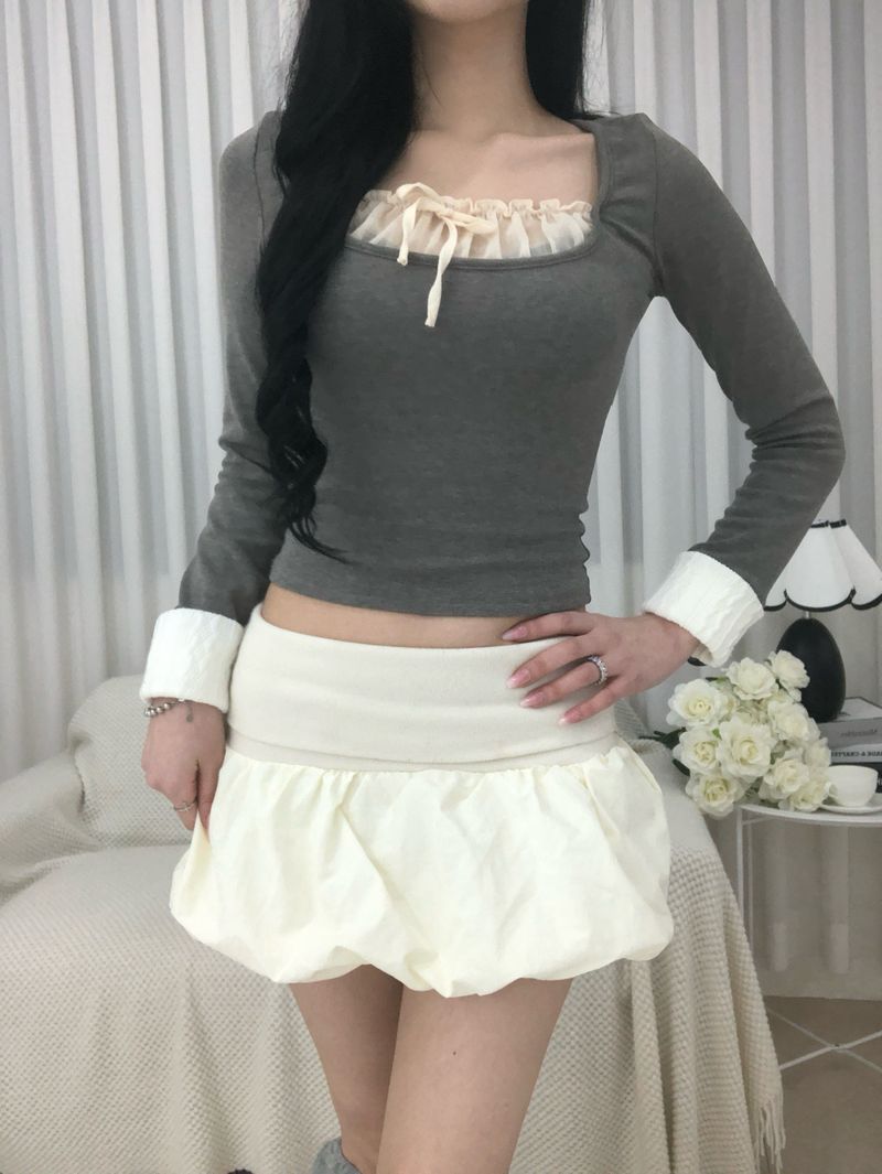Gray Frill Mix Knit Top