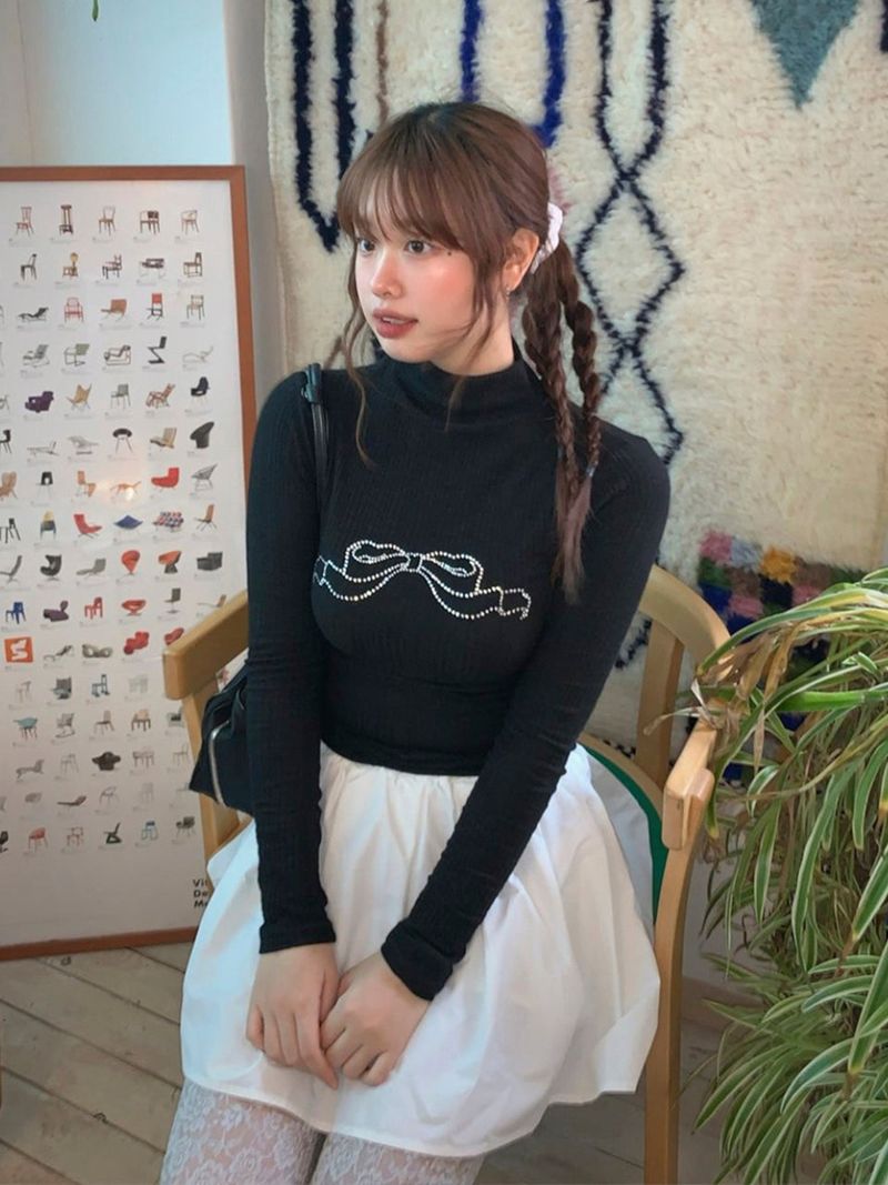 リボンキュービックタートルネックTシャツ - ブラック,ネイビー