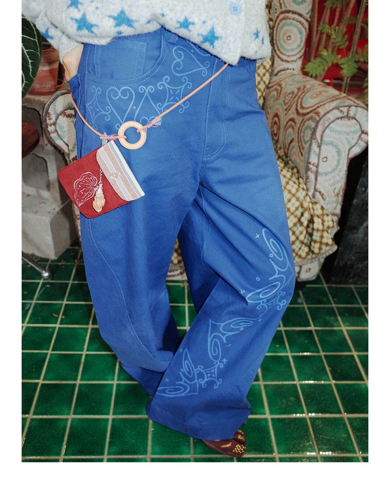 UnsocalNight2025 Original Literary Retro Autumn and Winter プリントブルーストレートマシェパンツ