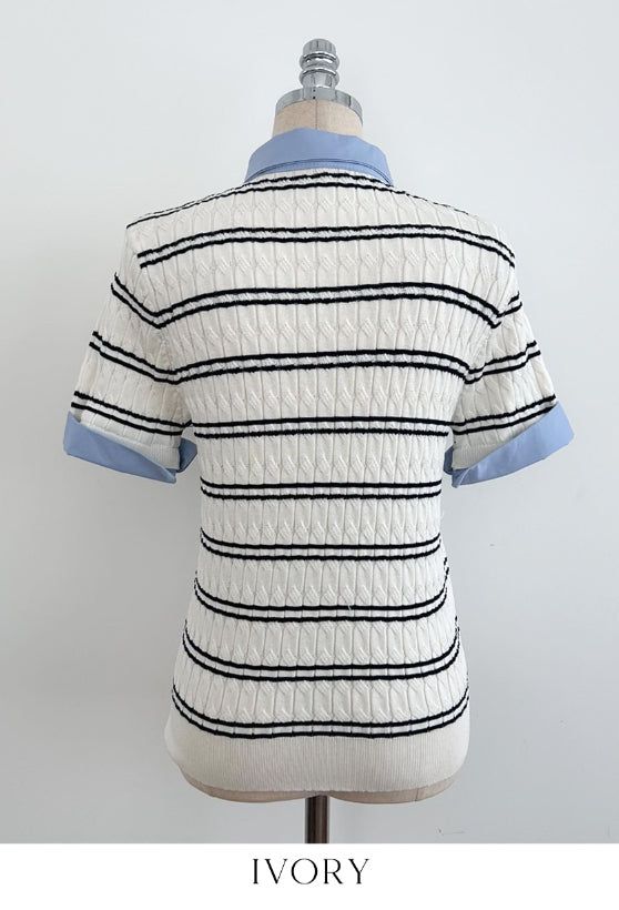 Monta Color Matching Collar Stripe Cable Knit