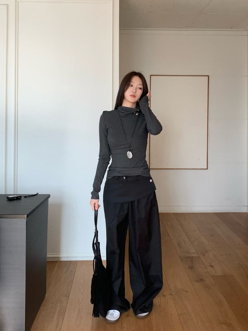 Close Pintuck Wrap Two Button High Waist Long Wide Pants