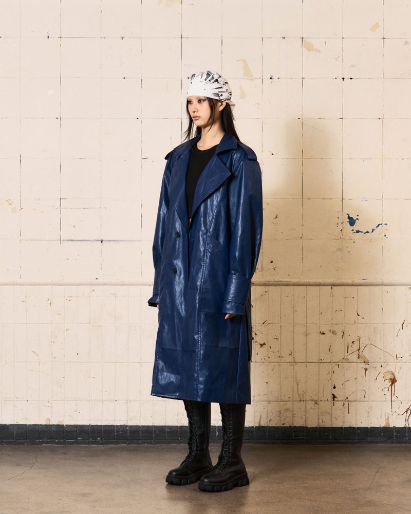 Curved Leather Trench coat (Blue)