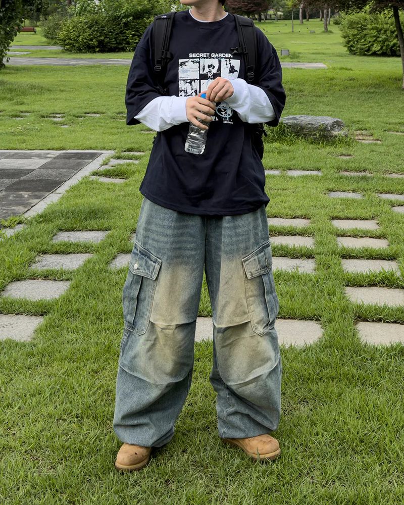 Bern diagonal cargo wide denim pants