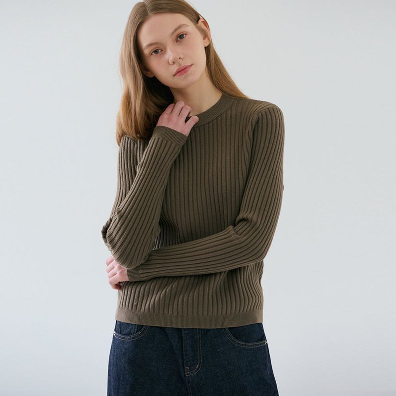 Basic Round Neck Rib Knit Khaki