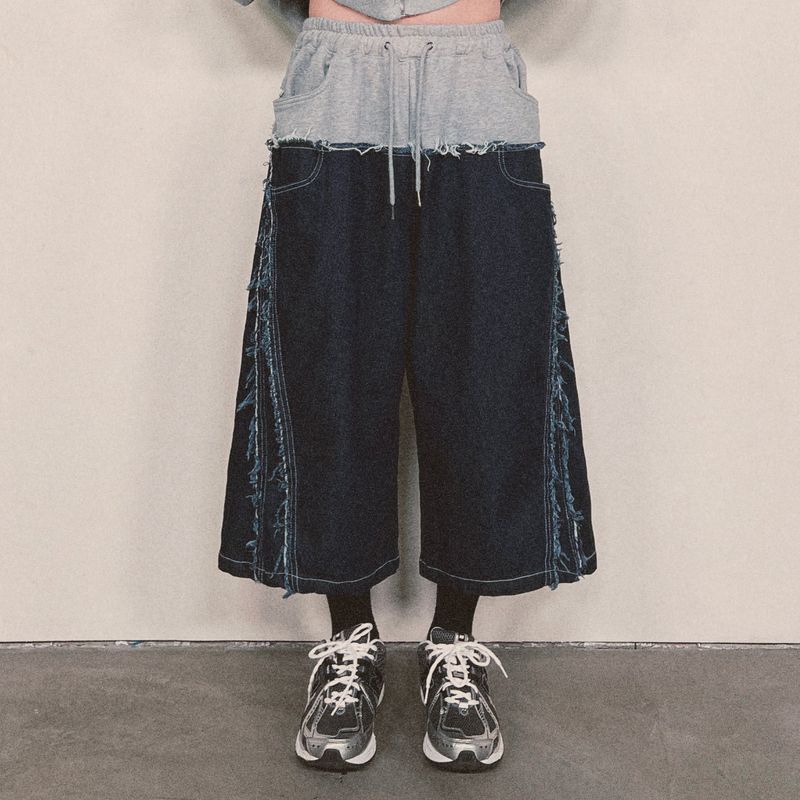 layered deconstructed denim capri shorts_blue