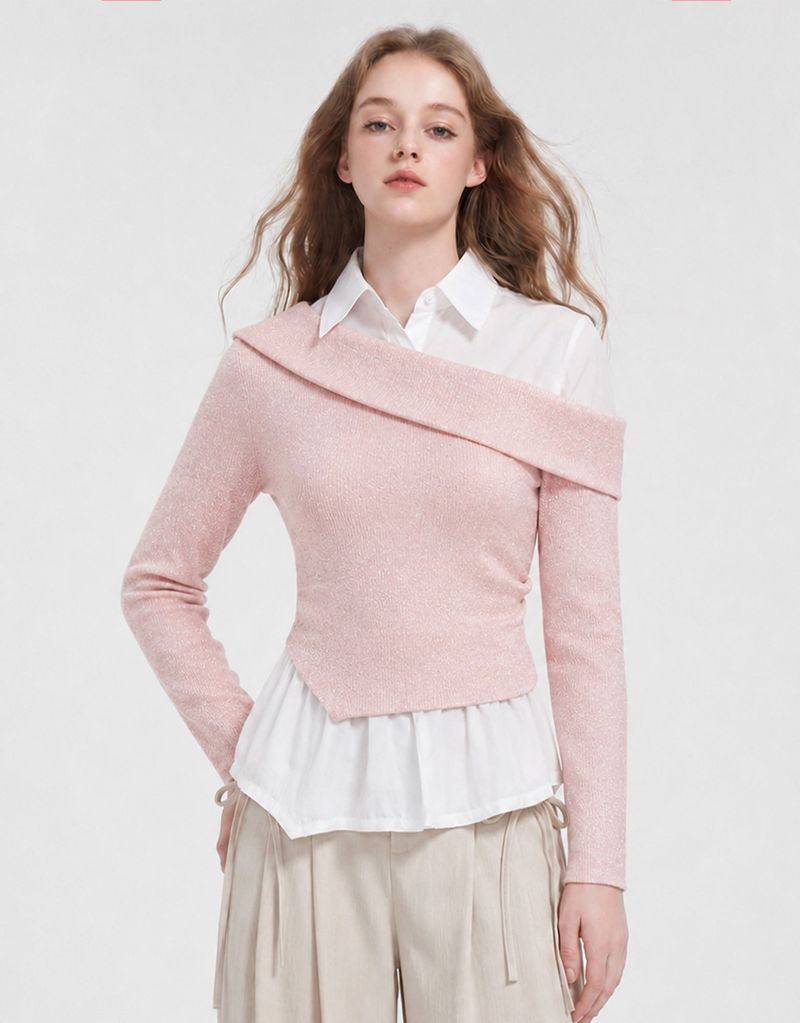 [PRE-FALL] Fria Glitter Off-Shoulder Layered Long Sleeve Knit Top Pink