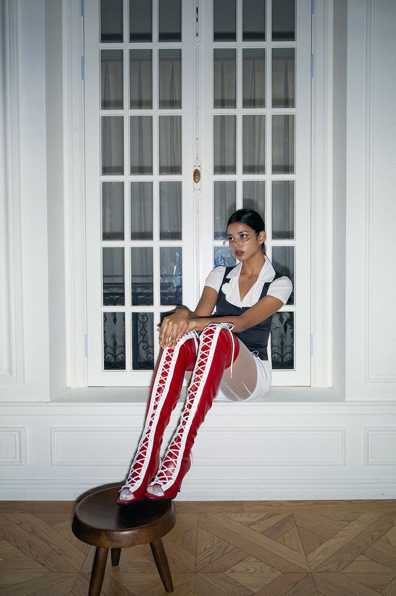Thigh High Shoelace Point Boots Heel(Red)