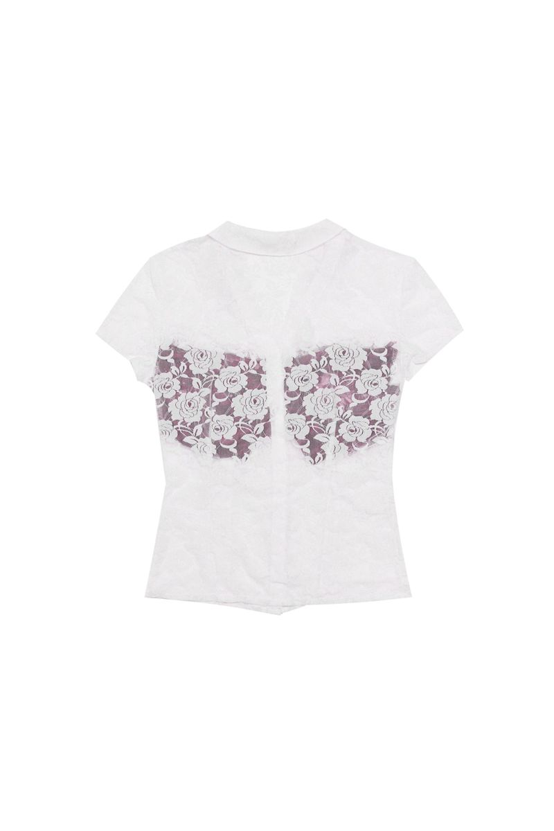 LACE SHIRRING SHIRT #WHITE&RED