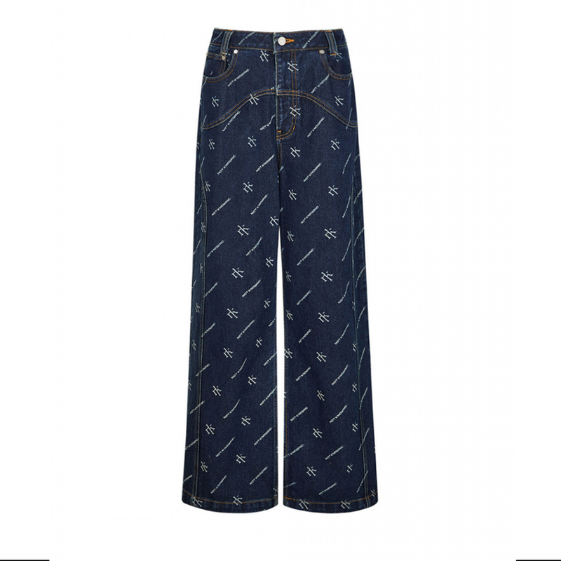 Curved Wide Denim Pants (DEEP BLUE)