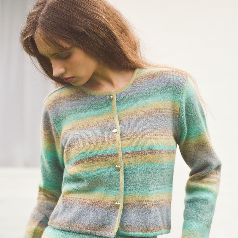 PASTEL GRADATION HEART BUTTON CARDIGAN - MINT