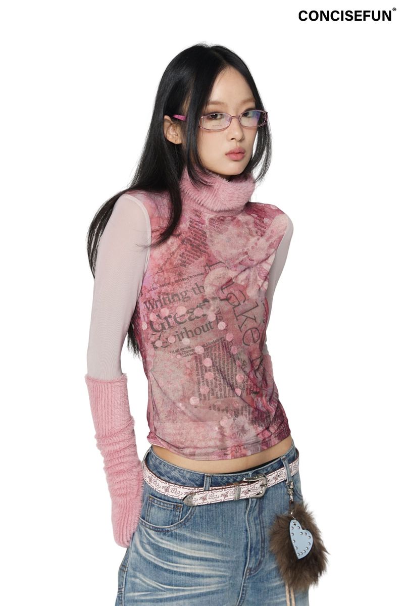 CONFUN（コンファン）の「CONFUN's original floral "pink vortex beacon" printed wool patchwork high-neck mesh fabric base（Tops）」