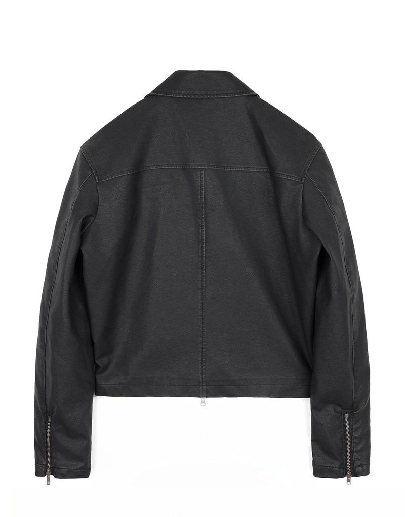 Washed Leather Crop Jacket - Black