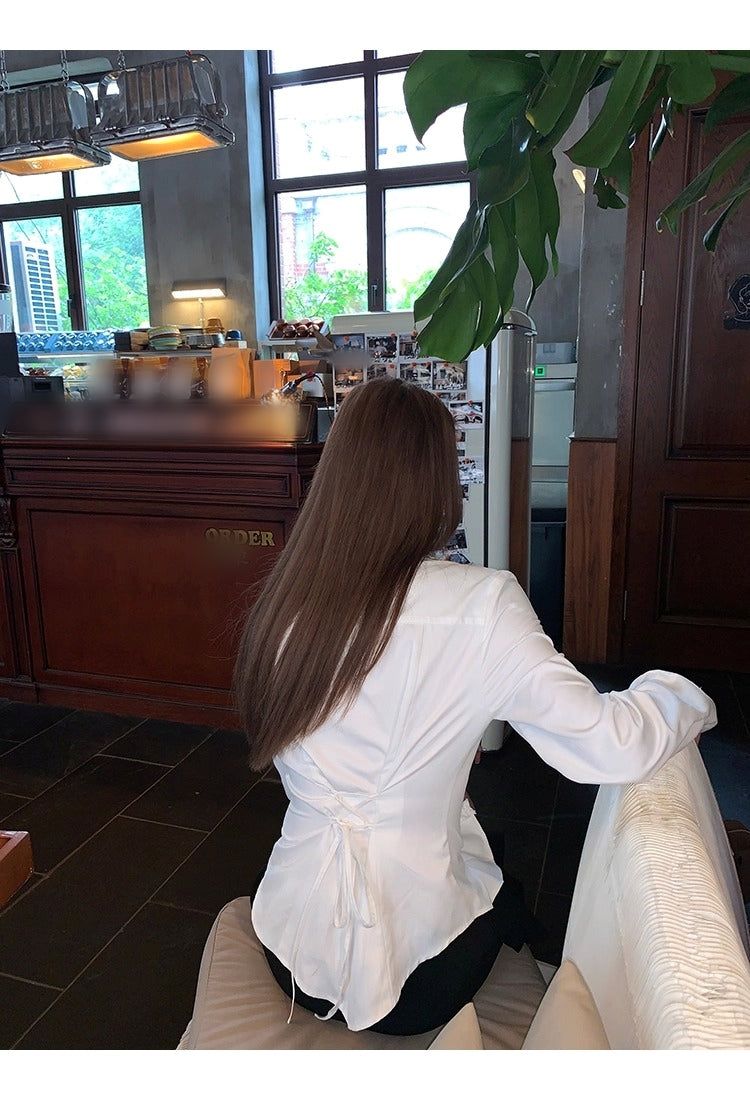 White V-neck Frill Style Long-Sleeved Shirt