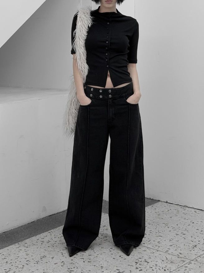 mnem（ムネム）の「Machi Snap Adjust Incision Black Denim（Pants）」