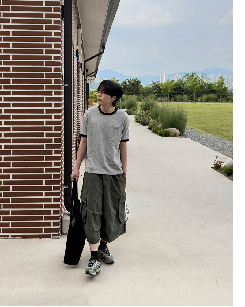 Ribbon Contrast Pocket Cropped Short Sleeve