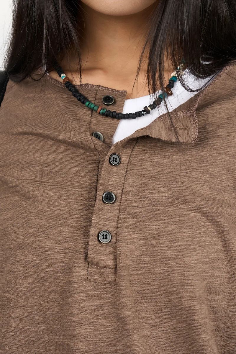 Henley neck slub cotton long sleeve