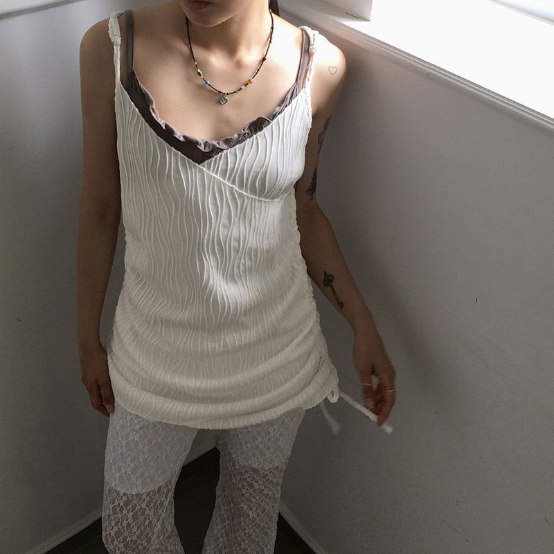 [MADE]  Mark Pleats Wrap Shirring Layered Mini Sleeveless Dress