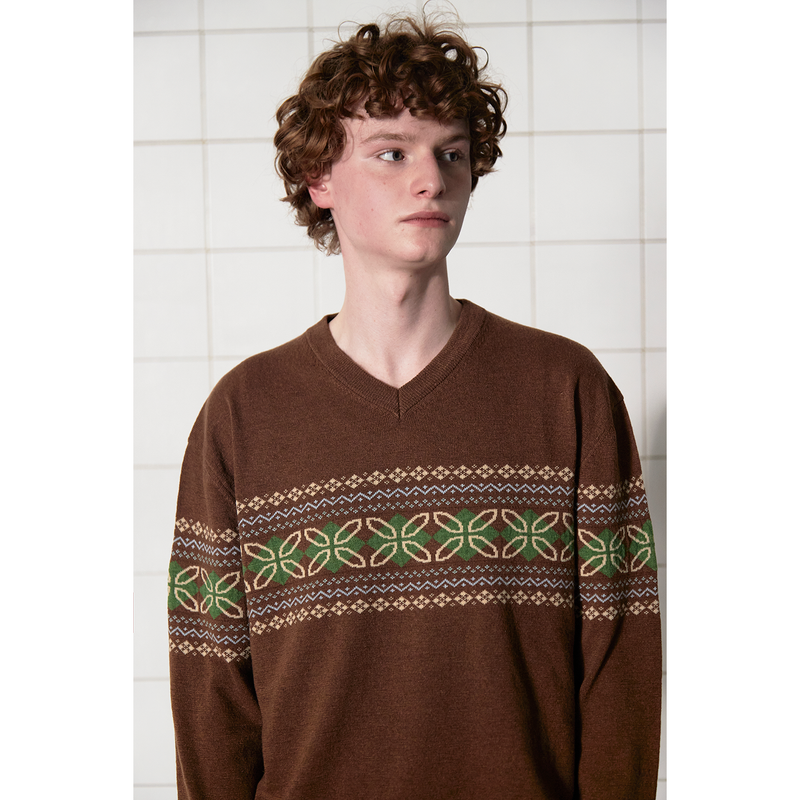 CLOVER ARGYLE V NECK KNIT / BROWN