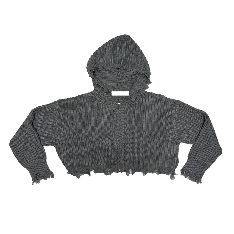 Damage crop knit hood jumper