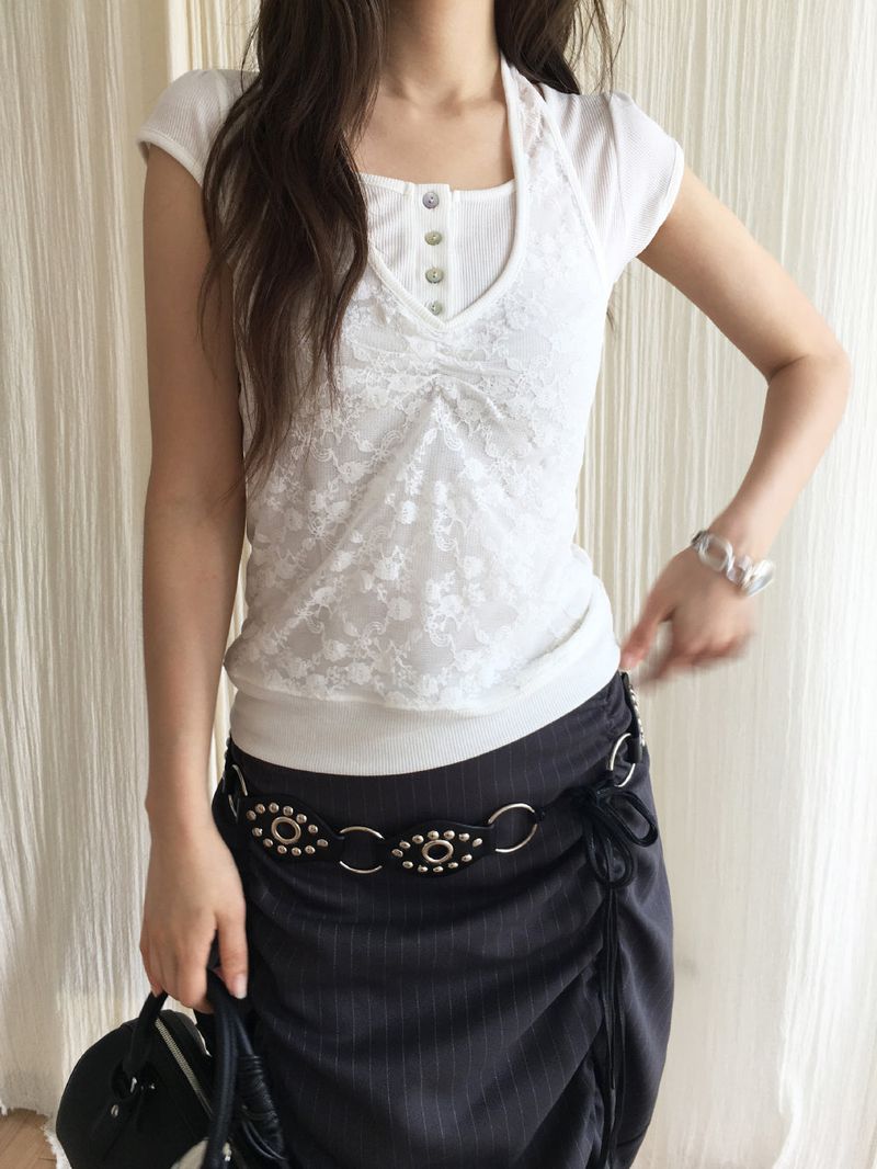 Gather lace halter T