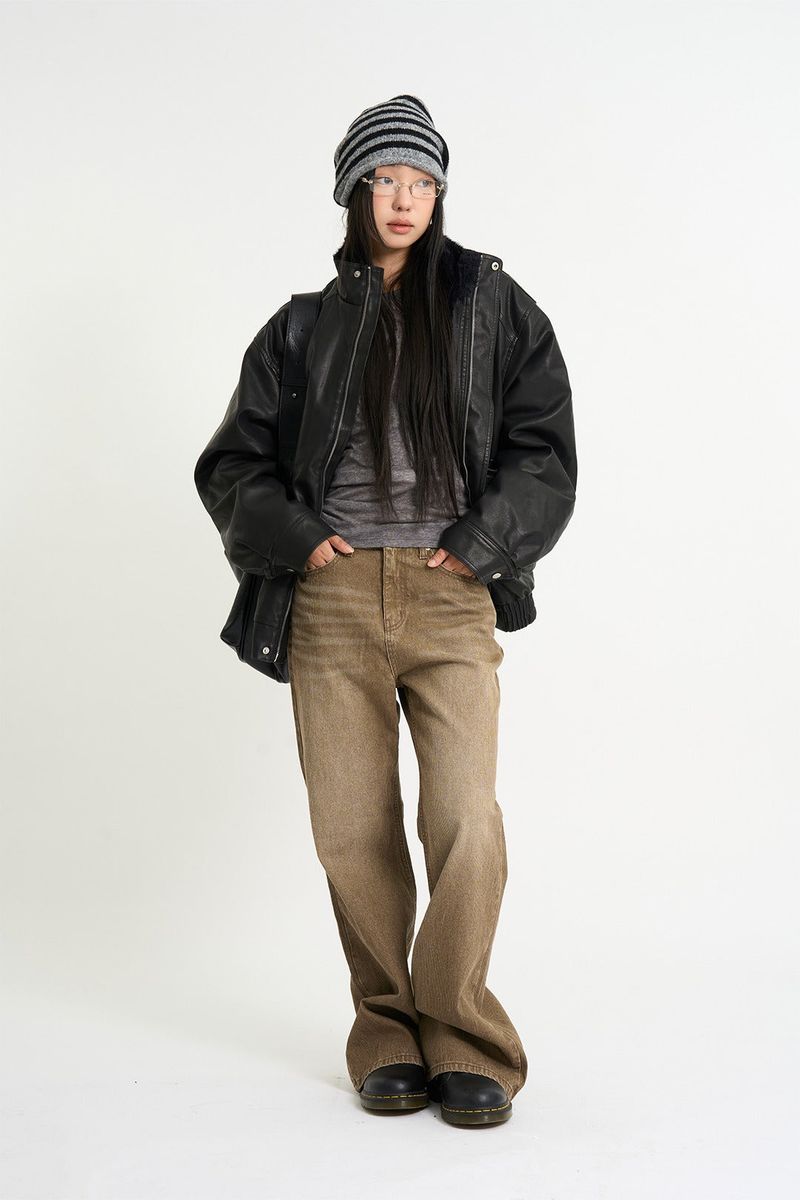 Fur lining leather blouson jumper