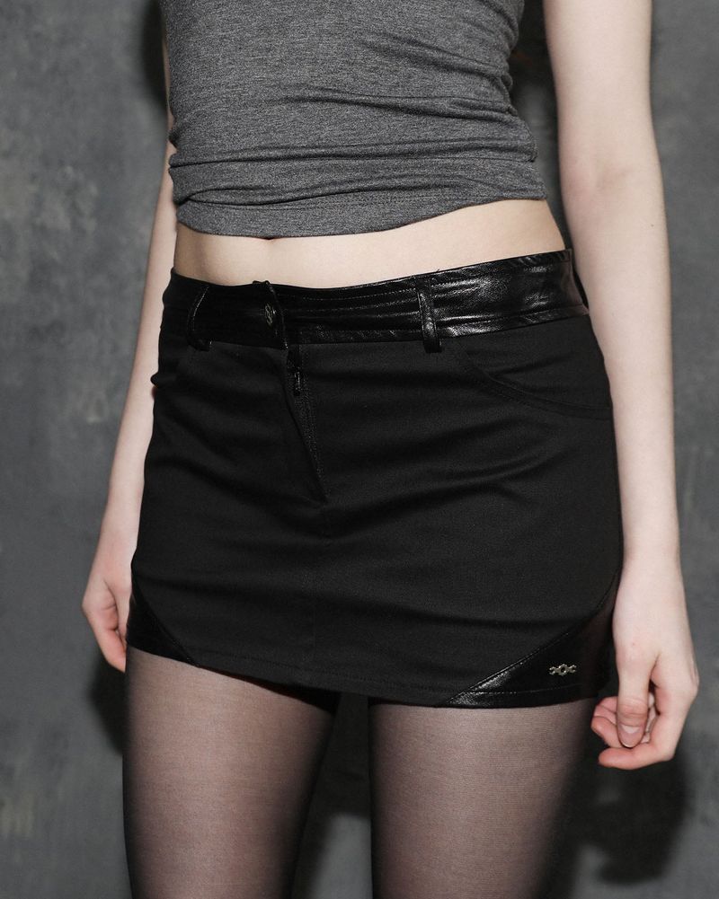 Metal Triclipse Leather Mix Mini Skirt Black