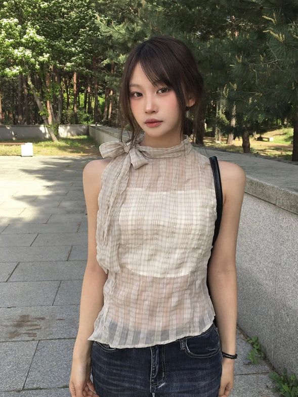 anyonemore（エニーワンモアー）の「Peril See-through Ribbon Check Unbalance Blouse（Tops）」