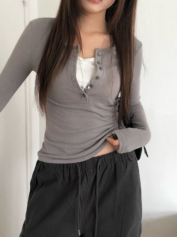 Doa Wool Button Slim Long Sleeve T-Shirt