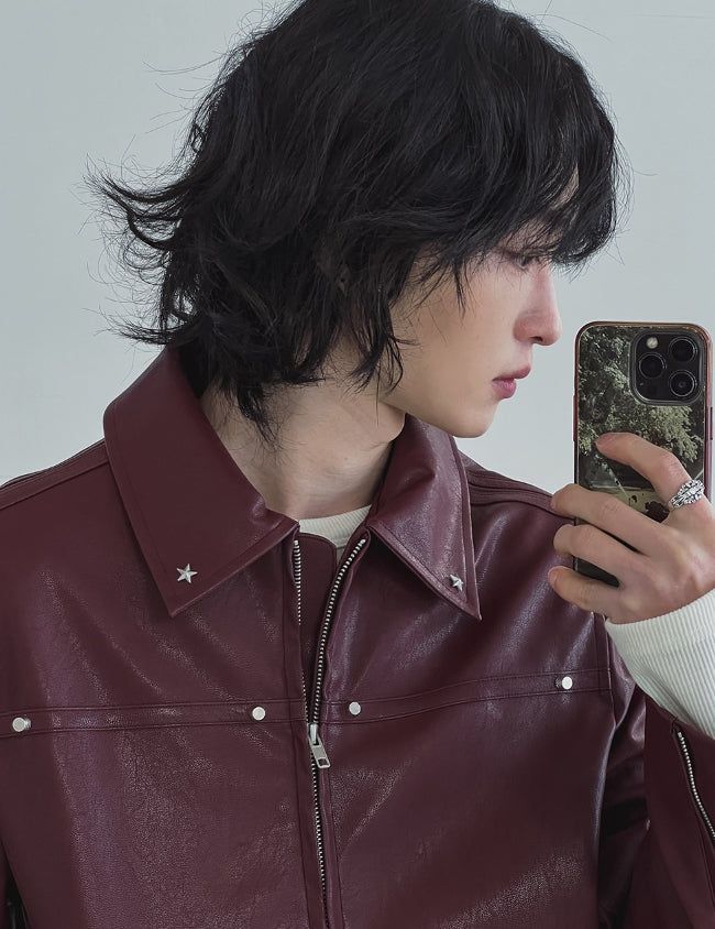 Star stud track line leather jacket