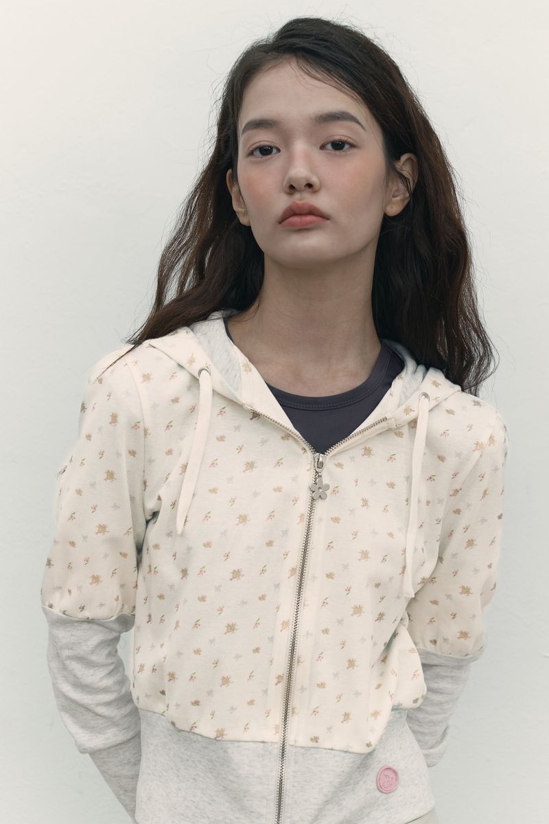 BOUQUET PATTERN SLIM FIT HOODIE ZIP UP [IVORY]