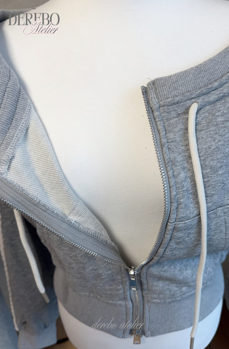 Grey off-shoulder zip-up frill training setup (SET)