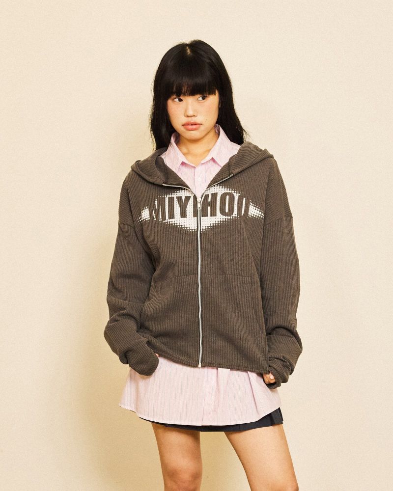 MIYHOO(ミワイフ)の「LOGO HOODIE KNIT ZIP-UP ( CHARCOAL )(Tops)」