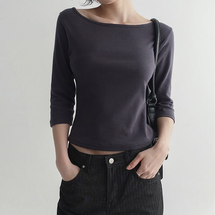  [Riabu] boat Neck Three-quarter sleeve cropped T-shirt - 4 color