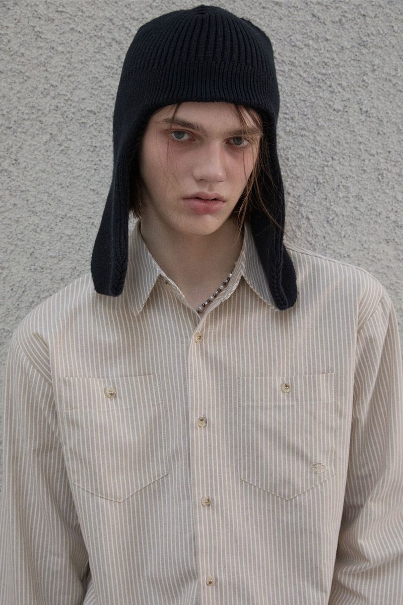 Lettering sleeve striped shirt - Beige