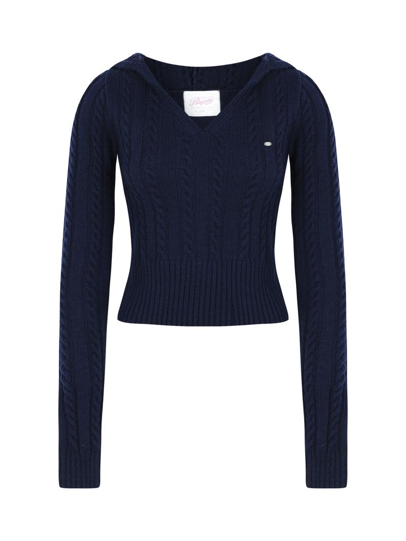 Cable V-Neck Hooded Knit