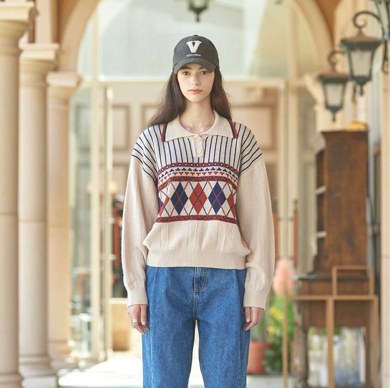 Argyle Knit Pullover (Oatmeal)