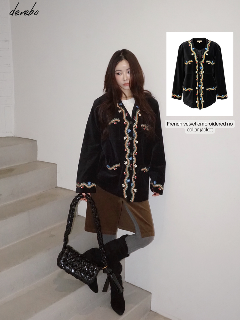 French velvet embroidered no collar jacket