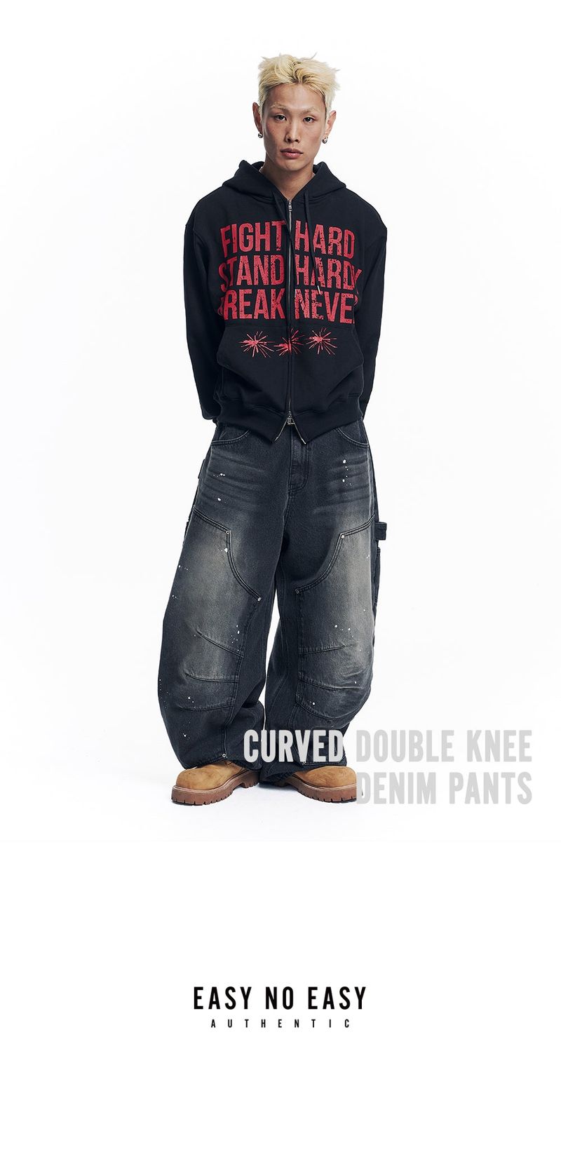Curved Double Knee Denim Pants - Black