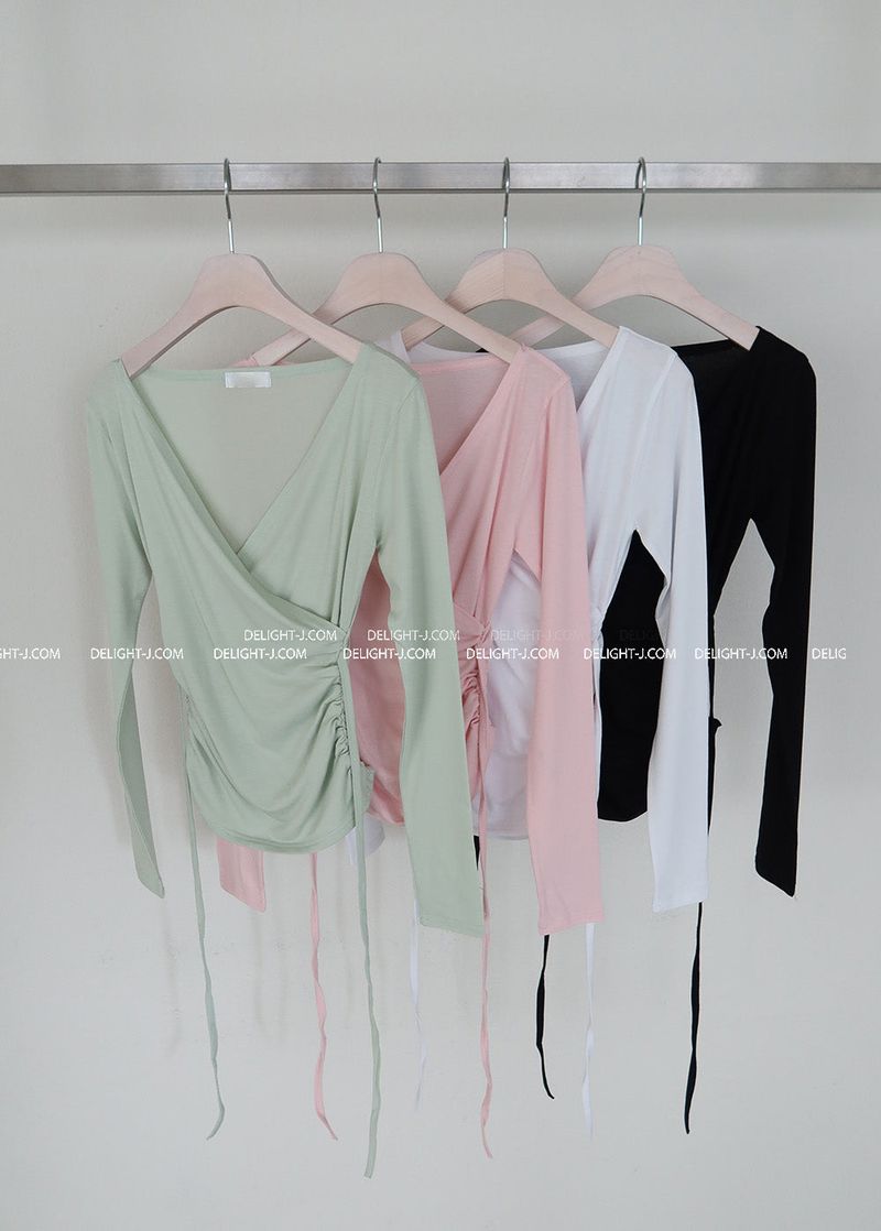 Deep V-neck Off-Shoulder Wrapped Shirring T-shirt