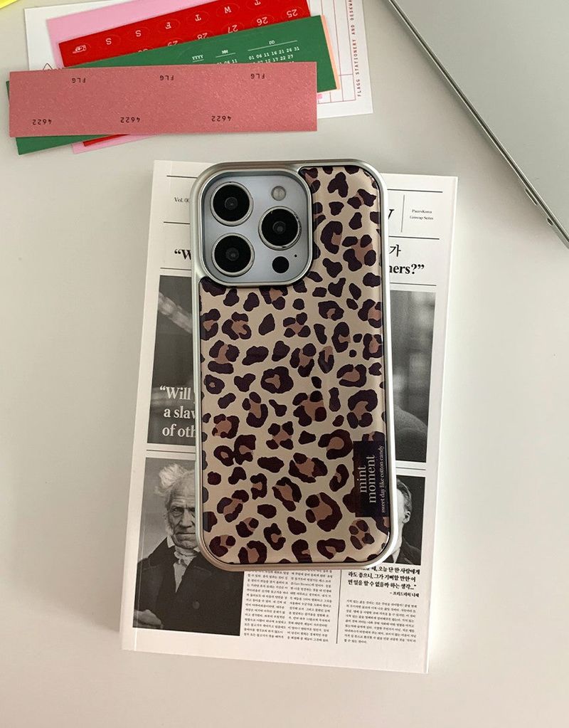 [MADE]ブラウンレオパード シルバーエポキシバンパー iPhoneケース