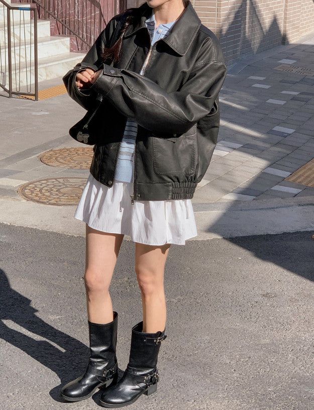 #Big Pocket Collar Loose Leather Jacket