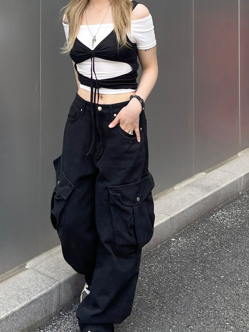 Layered Strap Hole Ribbon Top