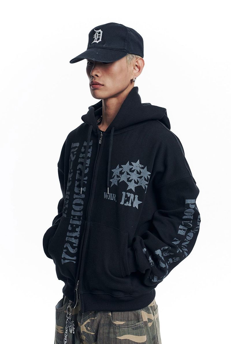 Marine Crack Print Hooded Zip-Up - Black